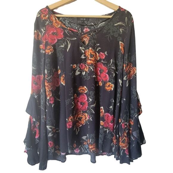 Miss Me Bell Sleeve Blouse Small Black Floral Flower Boho Ruffle - Picture 7 of 7